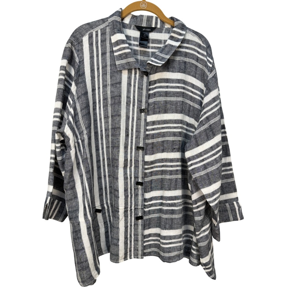 Ali Miles Womens Linen Button Front Striped Tunic Shirt Lagenlook Black White 3x